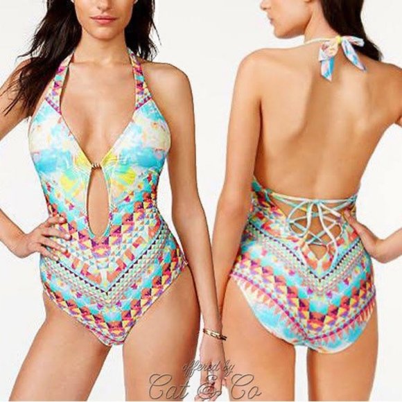 Bar III | Swimwear | One-Piece Tribal Print Halter Top Swimsuit | Cutout | Small - Picture 2 of 9